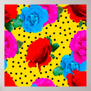 Abstract Colourful Real Roses and Metallic Leaves Poster