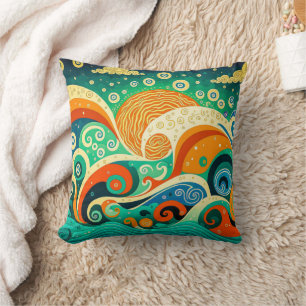 Abstract Colourful Retro 70s Hippie Waves Artwork  Cushion