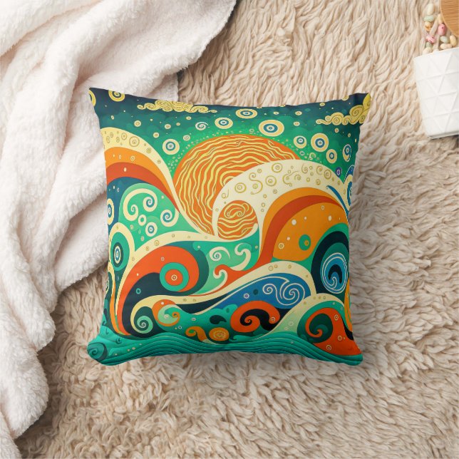 Abstract Colourful Retro 70s Hippie Waves Artwork  Cushion (Blanket)