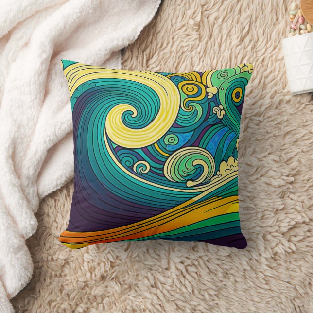 Abstract Colourful Retro 70s Hippie Waves Artwork  Cushion (Blanket)