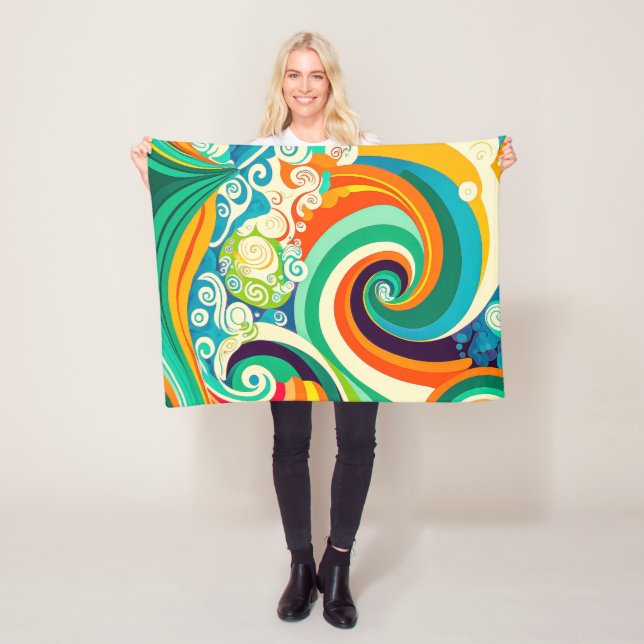 Abstract Colourful Retro 70s Hippie Waves Artwork  Fleece Blanket (In Situ)