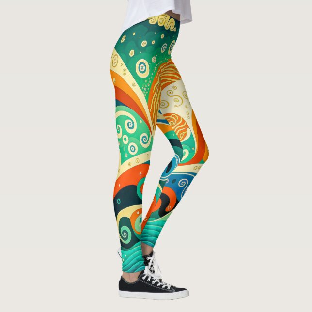 Abstract Colourful Retro 70s Hippie Waves Artwork  Leggings (Right)