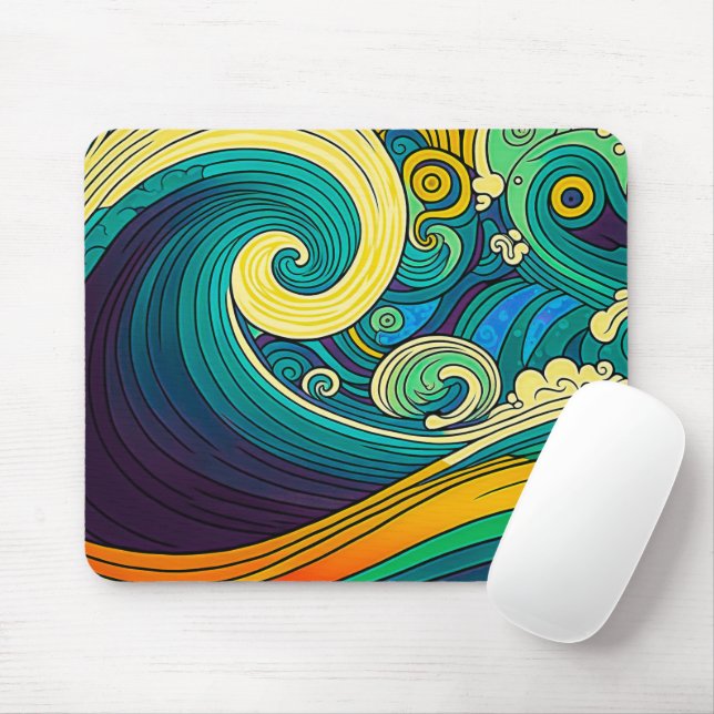 Abstract Colourful Retro 70s Hippie Waves Artwork  Mouse Mat (With Mouse)