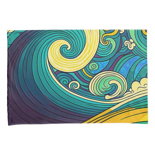 Abstract Colourful Retro 70s Hippie Waves Artwork  Pillowcase (Front-Right)
