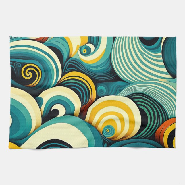 Abstract Colourful Retro 70s Hippie Waves Artwork  Tea Towel (Horizontal)