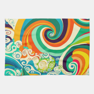Abstract Colourful Retro 70s Hippie Waves Artwork  Tea Towel