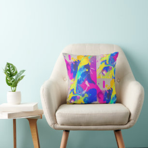 Abstract colourful splash fuchsia yellow indigo  cushion