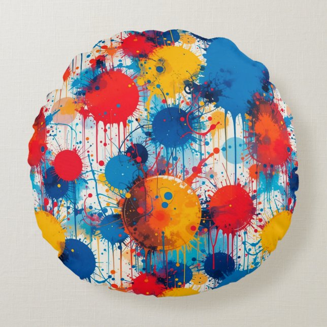 Abstract Colourful Splatter Art Round Cushion (Front)