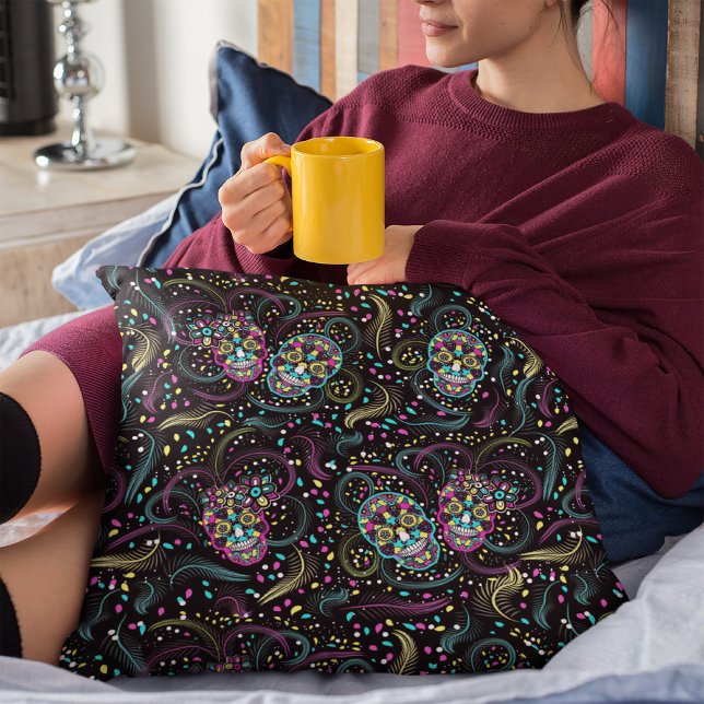 Abstract Colourful Spooky Skulls Halloween Cushion (Creator Uploaded)