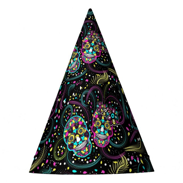 Abstract Colourful Spooky Skulls Halloween Party Hat (Front)