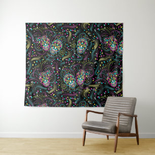 Abstract Colourful Spooky Skulls Halloween Tapestry