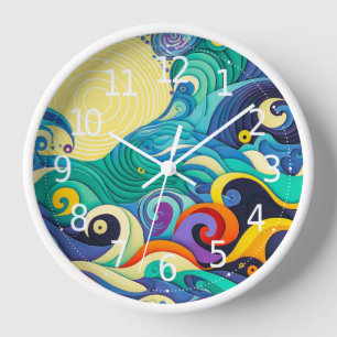 Abstract Colourful Sun Waves Line Art Illustration Clock