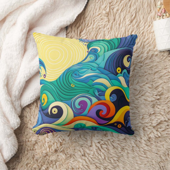 Abstract Colourful Sun Waves Line Art Illustration Cushion (Blanket)