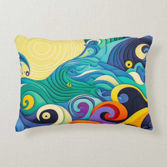 Abstract Colourful Sun Waves Line Art Illustration Decorative Cushion (Front)