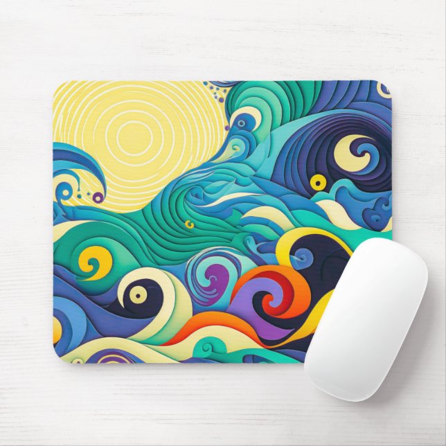 Abstract Colourful Sun Waves Line Art Illustration Mouse Mat (With Mouse)