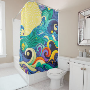 Abstract Colourful Sun Waves Line Art Illustration Shower Curtain