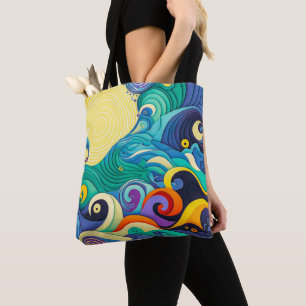 Abstract Colourful Sun Waves Line Art Illustration Tote Bag
