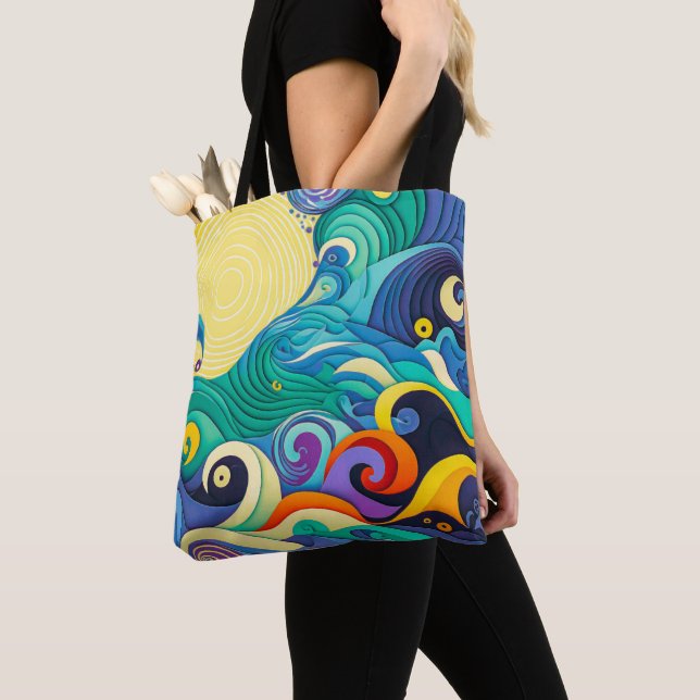 Abstract Colourful Sun Waves Line Art Illustration Tote Bag (Close Up)