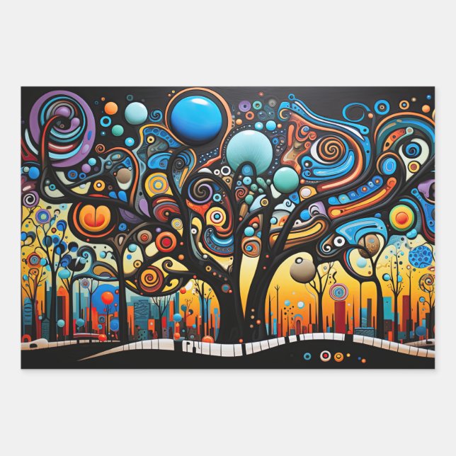 Abstract Colourful Swirl Tree Landscape Nature Wrapping Paper Sheet (Front)