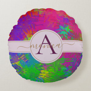 Abstract Colourful Tie Dye Pattern Monogram Name Round Cushion