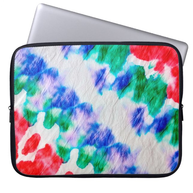 Abstract colourful tie dye pattern on a crumpled w laptop sleeve (Front)