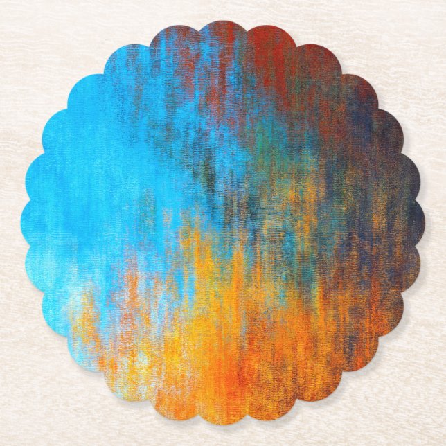 Abstract colourful turquoise blue, orange and red paper coaster (Front)