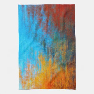 Abstract colourful turquoise blue, orange and red tea towel