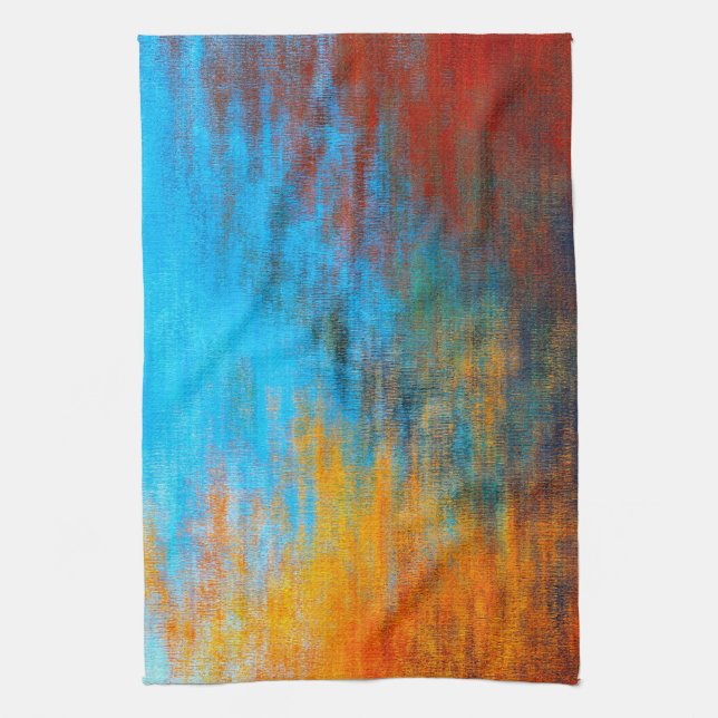 Abstract colourful turquoise blue, orange and red tea towel (Vertical)