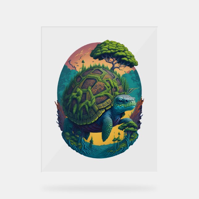 Abstract Colourful Turtle with Planet Earth Acrylic Sign (Front)