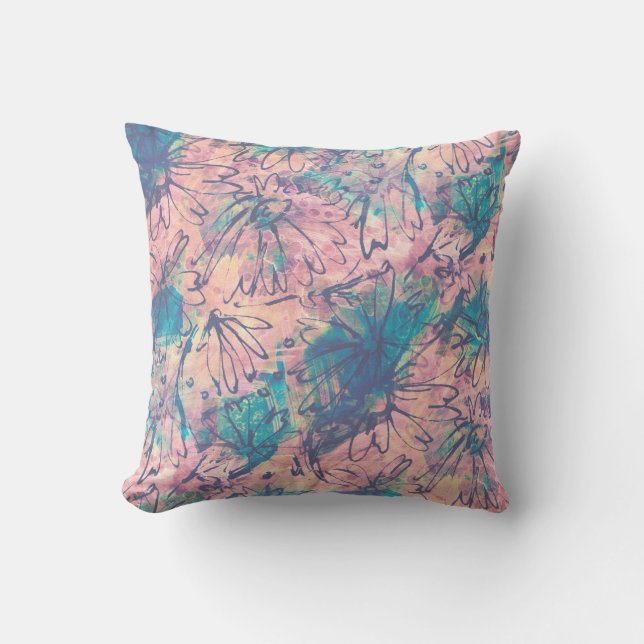 Abstract Colourful Watercolor Floral Pattern Cushion (Front)