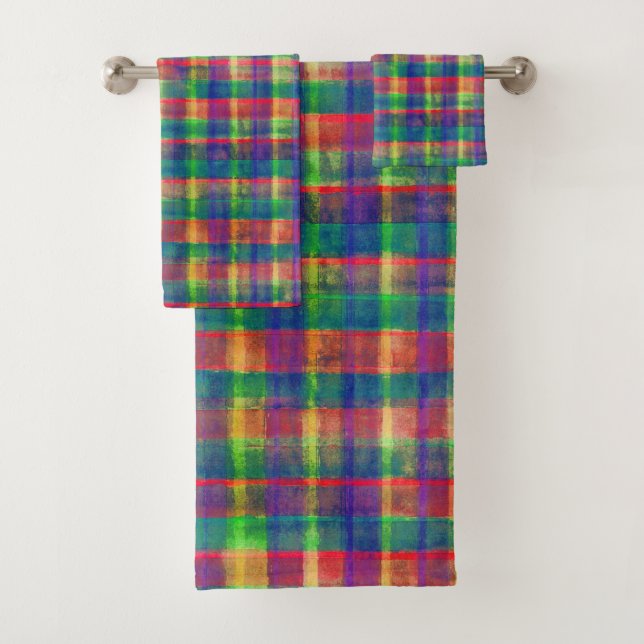 Abstract Colourful Watercolor Plaid Pattern Bath Towel Set (Insitu)