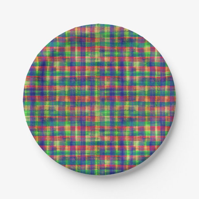 Abstract Colourful Watercolor Plaid Pattern Paper Plate (Front)
