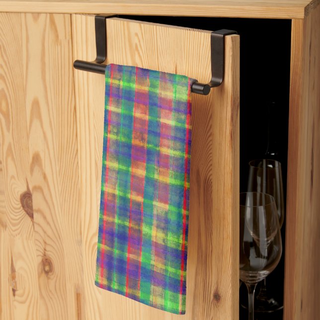 Abstract Colourful Watercolor Plaid Pattern Tea Towel (Thirds Fold)