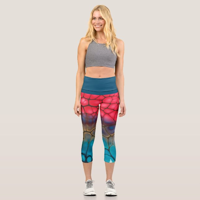Abstract Colourful Yoga/Exercise High Waisted Capri Leggings (Front)