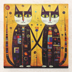 Abstract Companions: A Tale of Two Cats Glass Coaster