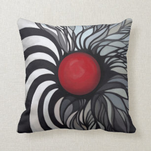 Abstract, contemporary, red circle, black, white cushion