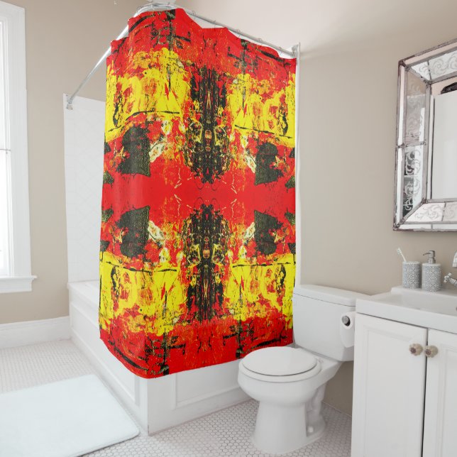 Abstract Contemporary Red Yellow Black Glitter Shower Curtain (In Situ)