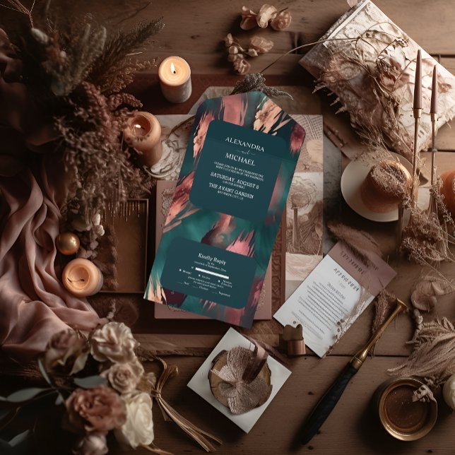 Abstract copper dark green dusty pink wedding all in one invitation (Creator Uploaded)