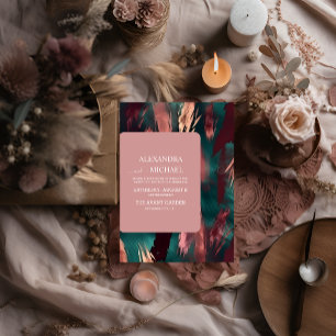 Abstract copper dark green dusty pink wedding invitation