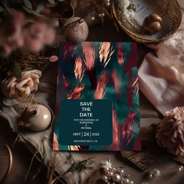 Abstract copper dark green dusty pink wedding save the date (Creator Uploaded)