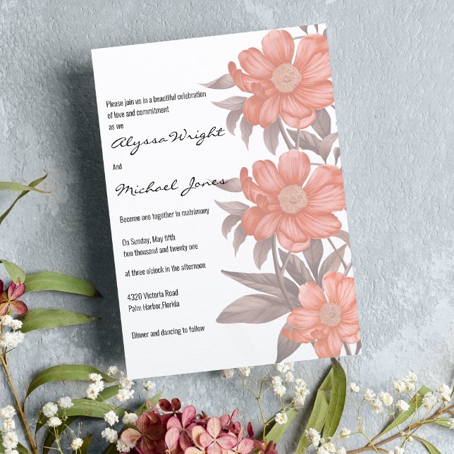 Abstract coral brown pink floral Wedding Invitation (Abstract coral brown pink floral Wedding)