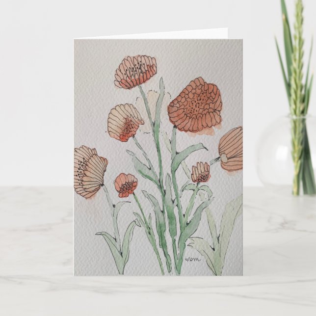 Abstract Coral Floral Watercolor Card (Front)