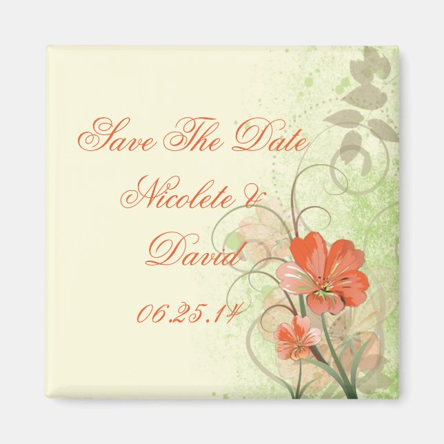 Abstract Coral Lime Floral Save The Date Magnet (Front)