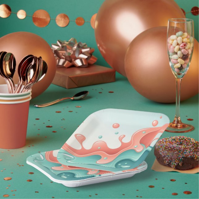 Abstract Coral & Teal Fluid Art Coffee  Paper Plate (Multi)