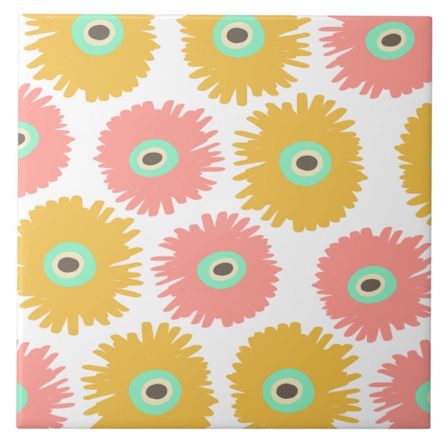 Abstract Coral Yellow Carnation Florals Tile (Front)