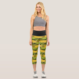 Abstract Corn on the Cob Vegetable Print on Black Capri Leggings
