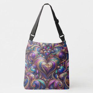 abstract cosmic brocade metallic foil swirls heart crossbody bag