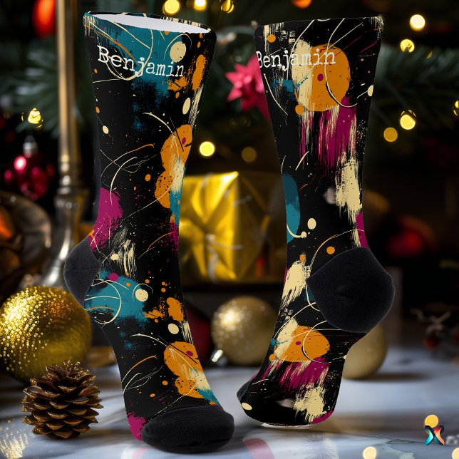 Abstract Cosmic Splash Black Socks with Bold Colou (Creator Uploaded)