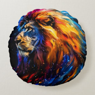 Abstract Cosmic Wildlife Lion Portrait Round Cushion