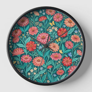 Abstract Cottagecore Zinnias Butterfly Art Clocks